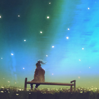 illustration of a girl sitting on a bench underneath a starry sky