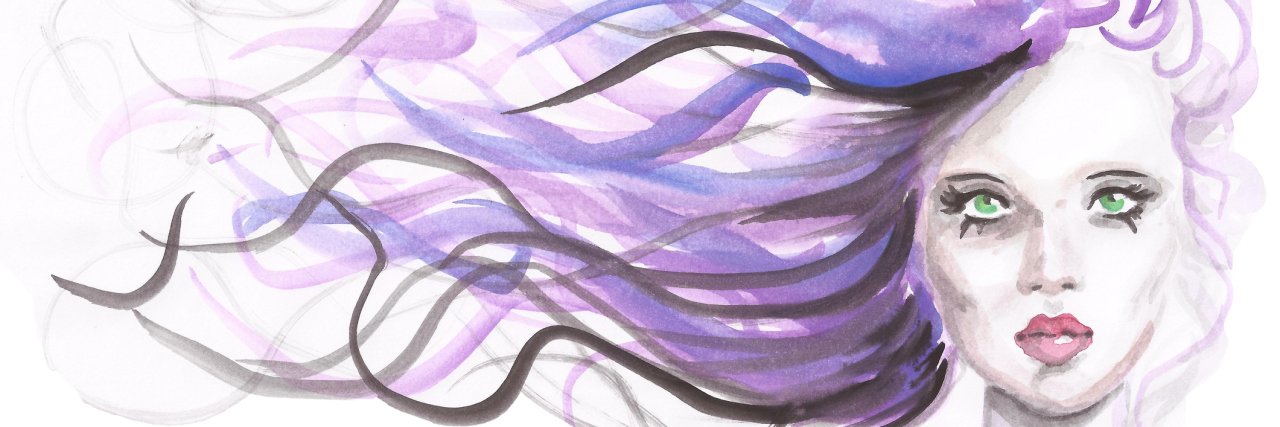 An illustration of a woman with purple hair flowing in the breeze.