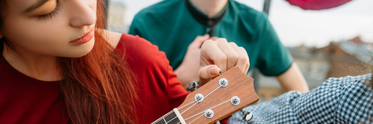 To the Music Therapist Who Saved My Life Guitar and ukulele string musical instruments. Music art style culture. Equipment tuning