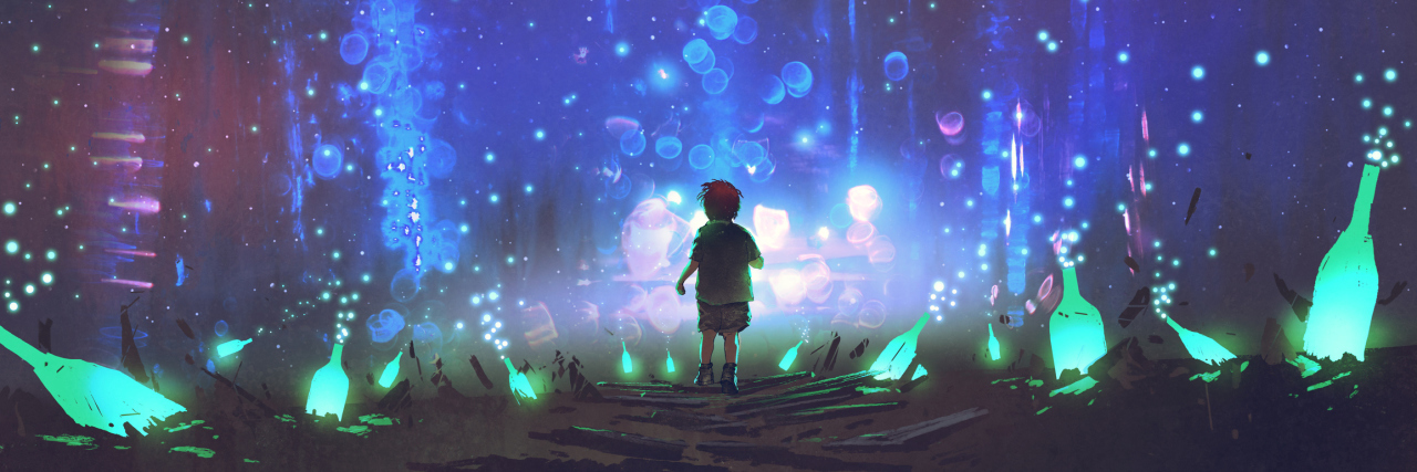 night scenery of boy walking on the floor among many glowing green bottles, digital art style, illustration painting