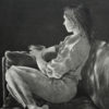 Abstract...This original, very high contrast figurative etching, shows a young woman, seated in the dark, with the light of a television screen, illuminating her from behind.