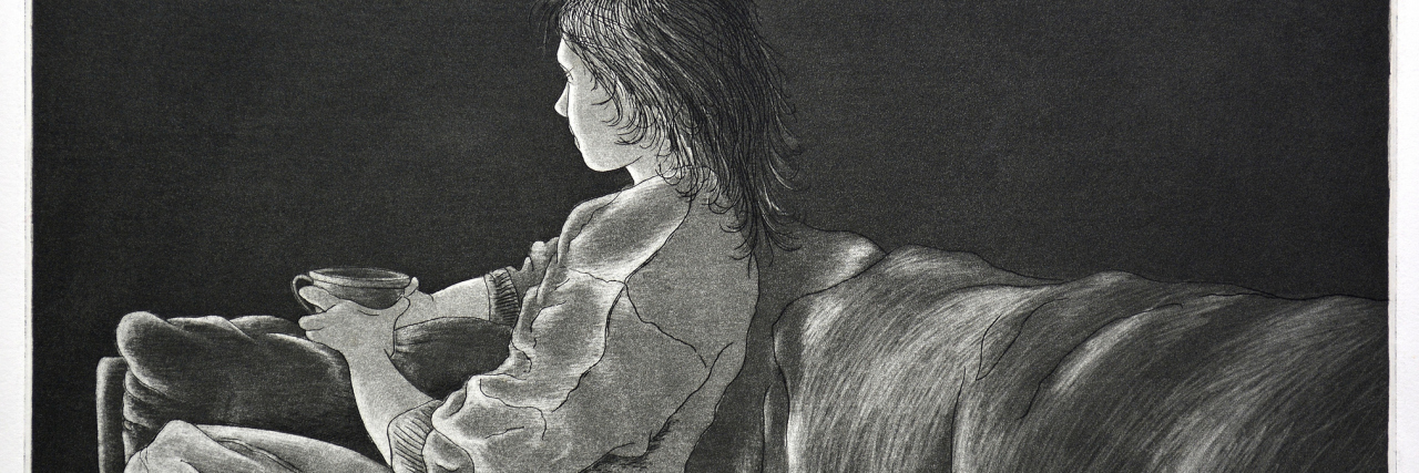 The Loneliness of Living With 'High-Functioning' Mental Illness Abstract...This original, very high contrast figurative etching, shows a young woman, seated in the dark, with the light of a television screen, illuminating her from behind.