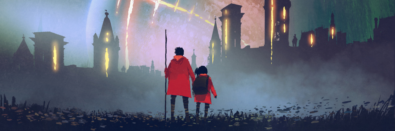 4 Things I Would Tell a Young Person Just Diagnosed With BPD night scenery of man and his daughter looking at mysterious castles against glowing planet, digital art style, illustration painting