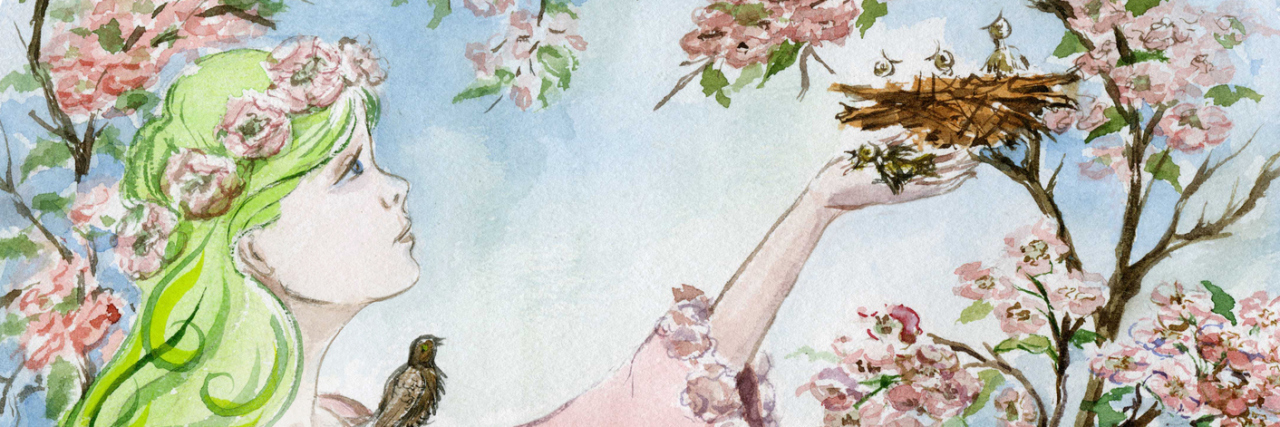 An illustration of a woman outside with green hair, holding her hand up to a bird's nest in a tree blooming with pink flowers.