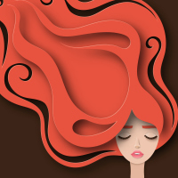 An illustration of a woman with red hair, flowing to the side and above her.