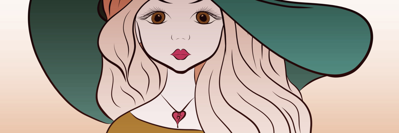 drawing of a woman with long blonde hair wearing a floppy green hat