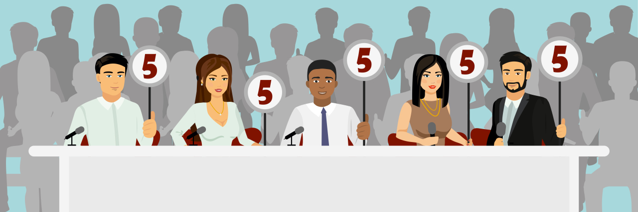 Asking for Exemption From Jury Duty Due to Disability Vector illustration of professional competition judges jury holding tablets with estimates with silhouettes of people as viewers in flat style.