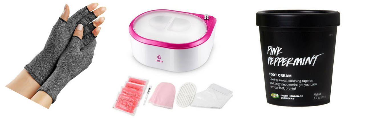 13 Products That Help People Manage Rheumatoid Arthritis arthritis compression gloves, wax paraffin bath kit, pink peppermint foot cream from LUSH