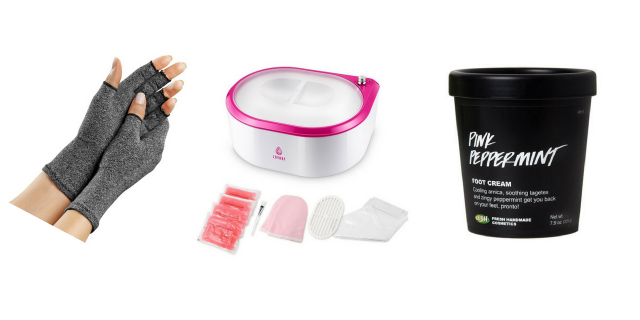 arthritis compression gloves, wax paraffin bath kit, pink peppermint foot cream from LUSH