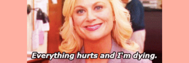 leslie knope smiling and saying "everything hurts and I'm dying"