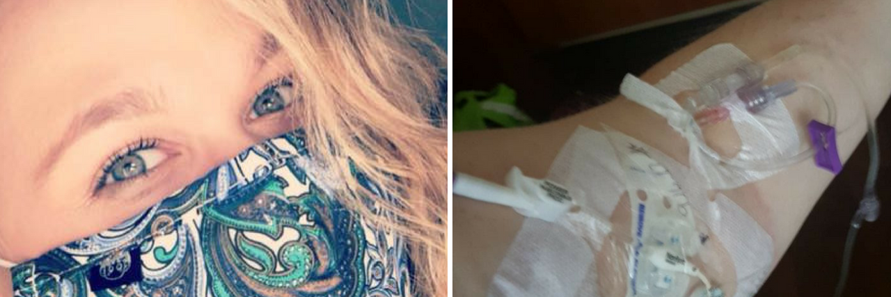 21 Side Effects of Dysautonomia We Don't Talk About – in Photos woman wearing a face mask filter, and woman with IV in her arm