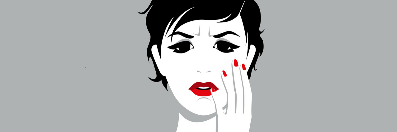 illustration of woman with dark hair and red nails against gray background