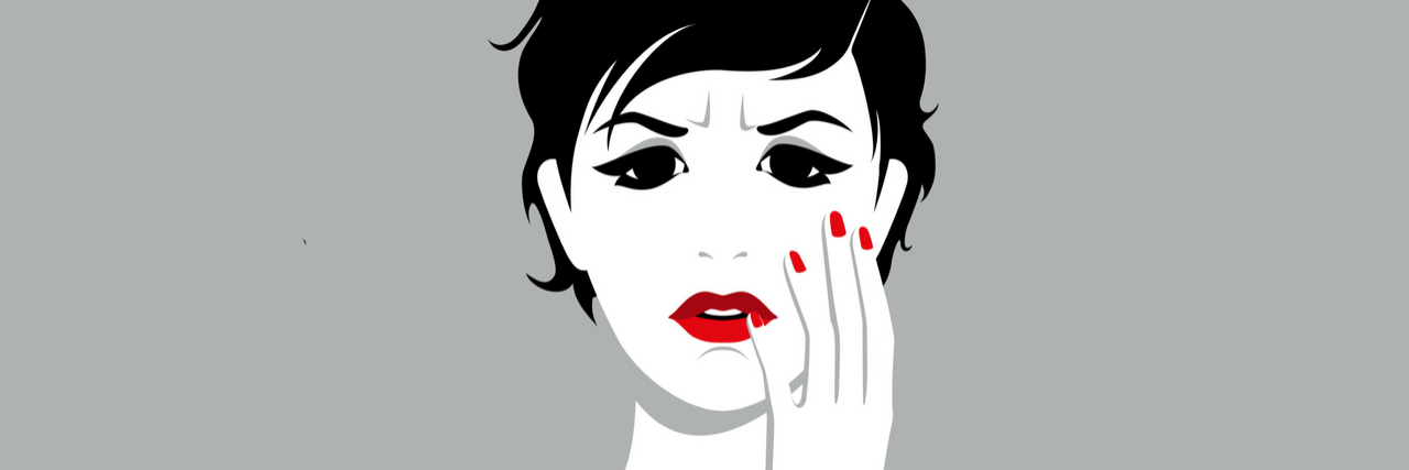 The Migraine Stigmas We Need to Correct illustration of woman with dark hair and red nails against gray background