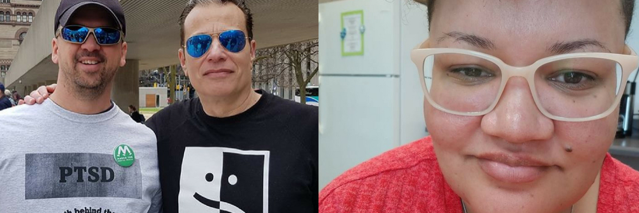 24 Pictures That Prove PTSD Doesn't Discriminate On the left, two men wearing PTSD advocacy shirts. On the right, a woman with glasses taking a selfie.