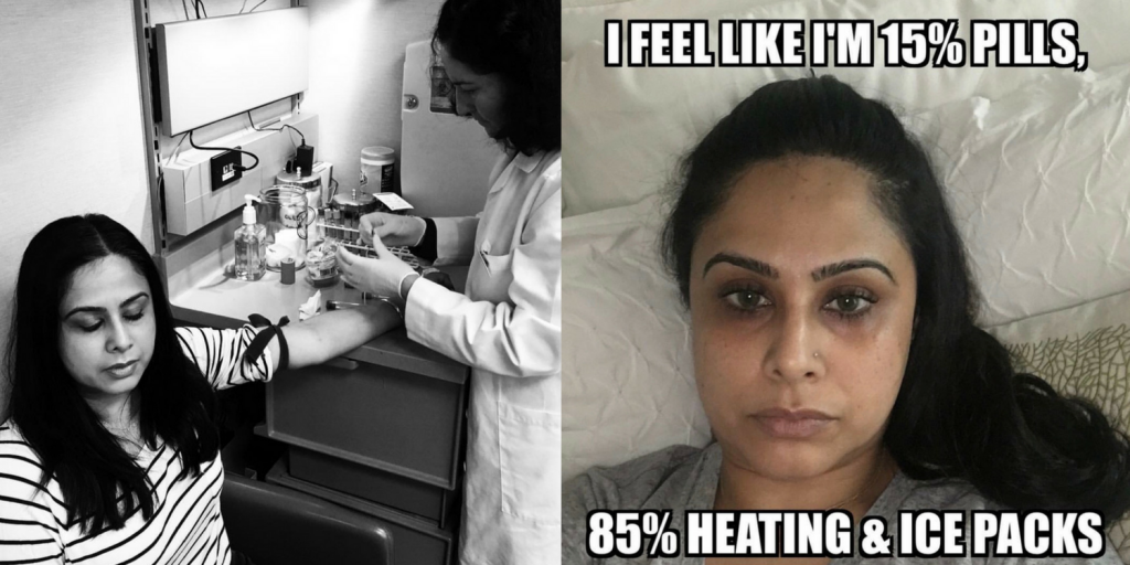 left photo: woman getting blood drawn. right photo: woman lying in bed with caption "I feel like 15% pills, 85% heating and ice packs"