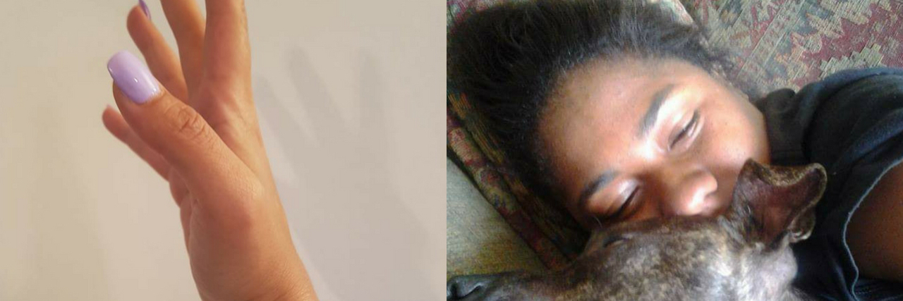 Photos About Healing From Trauma Two images. On the right, a woman holding up her hand. On the left, a woman snuggling with her dog.