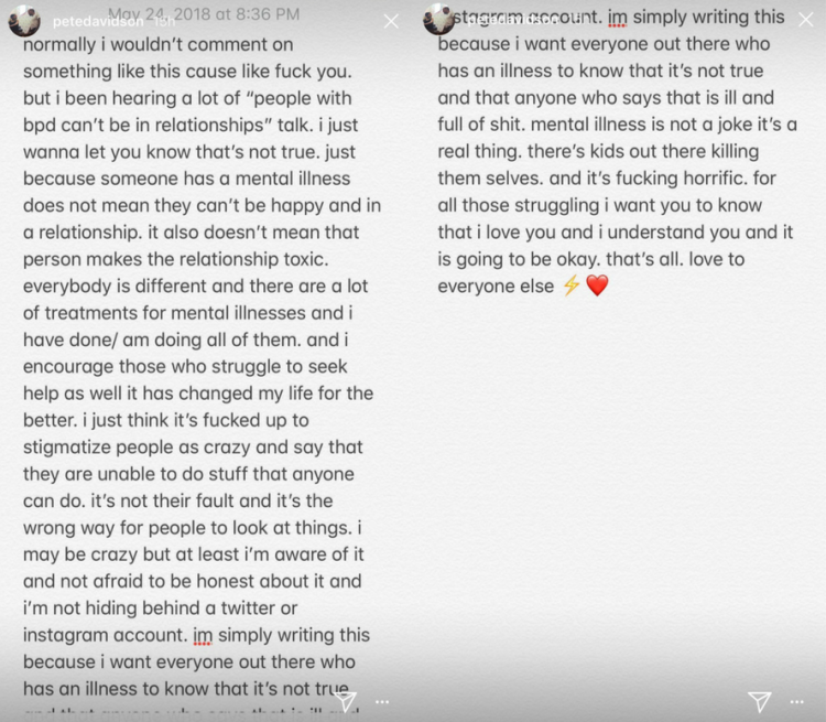 “I just wanna let you know that's not true,” he wrote. “Just because someone has a mental illness does not mean they can't be happy and in a relationship. It also doesn't mean that person makes the relationship toxic. Everybody is different and there are a lot of treatments for mental illnesses and I have done/am doing all of them.”
