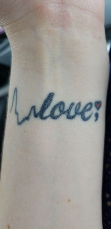 heartbeat tattoo with the word love and semicolon