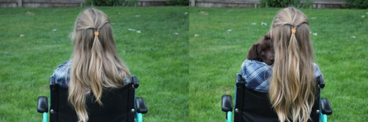 Service Dogs and Perceptions of People With Disabilities Woman in a wheelchair. In one photo she is alone, in the other she holds a Labrador puppy.