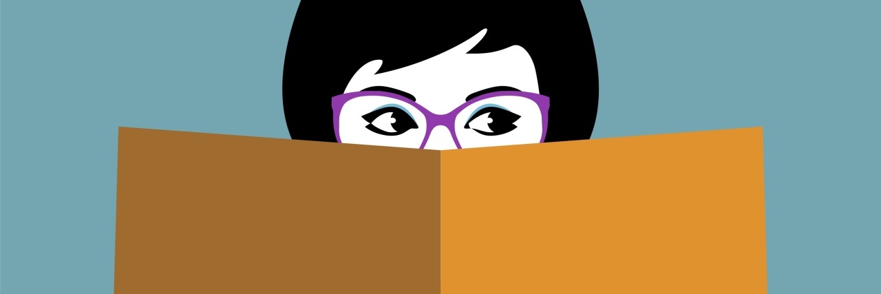 illustration of woman reading book and wearing glasses