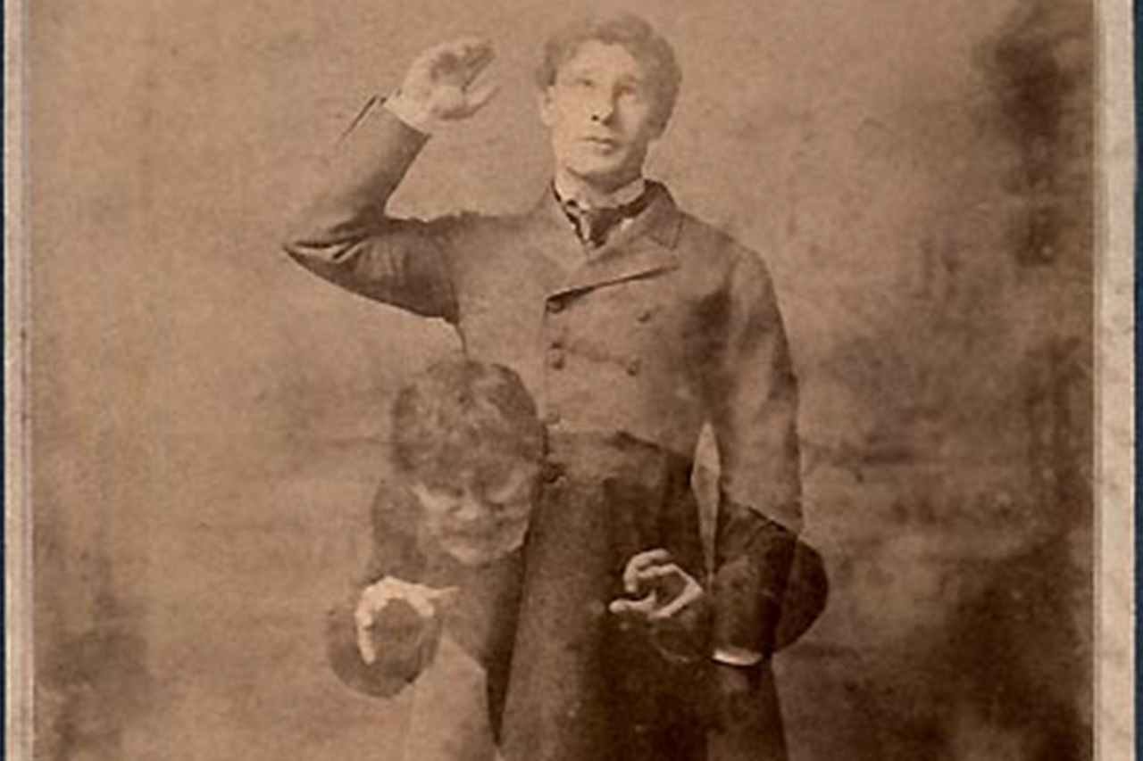 Dr Jeckyll and Mr Hyde. Richard Mansfield known for his dual role depicted in this double exposure. The stage adaptation opened in Boston in 1887, a year after the publication of the novella