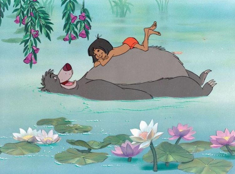 Baloo laying in a river with Mowgli sitting on his belly. From "The Jungle Book" movie