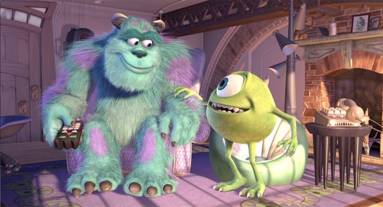 Sully and Mike from "Monsters, Inc." The two are looking at each other amicably