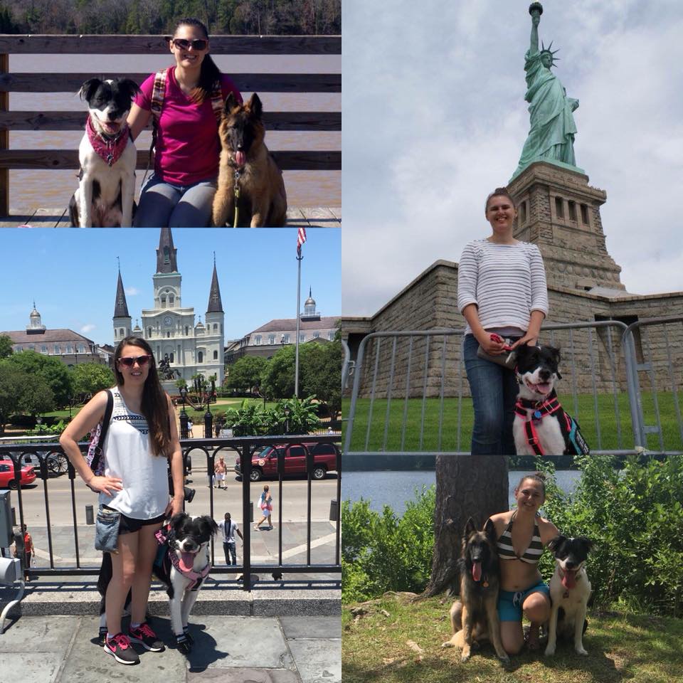 collage of photos of woman traveling with her service dog