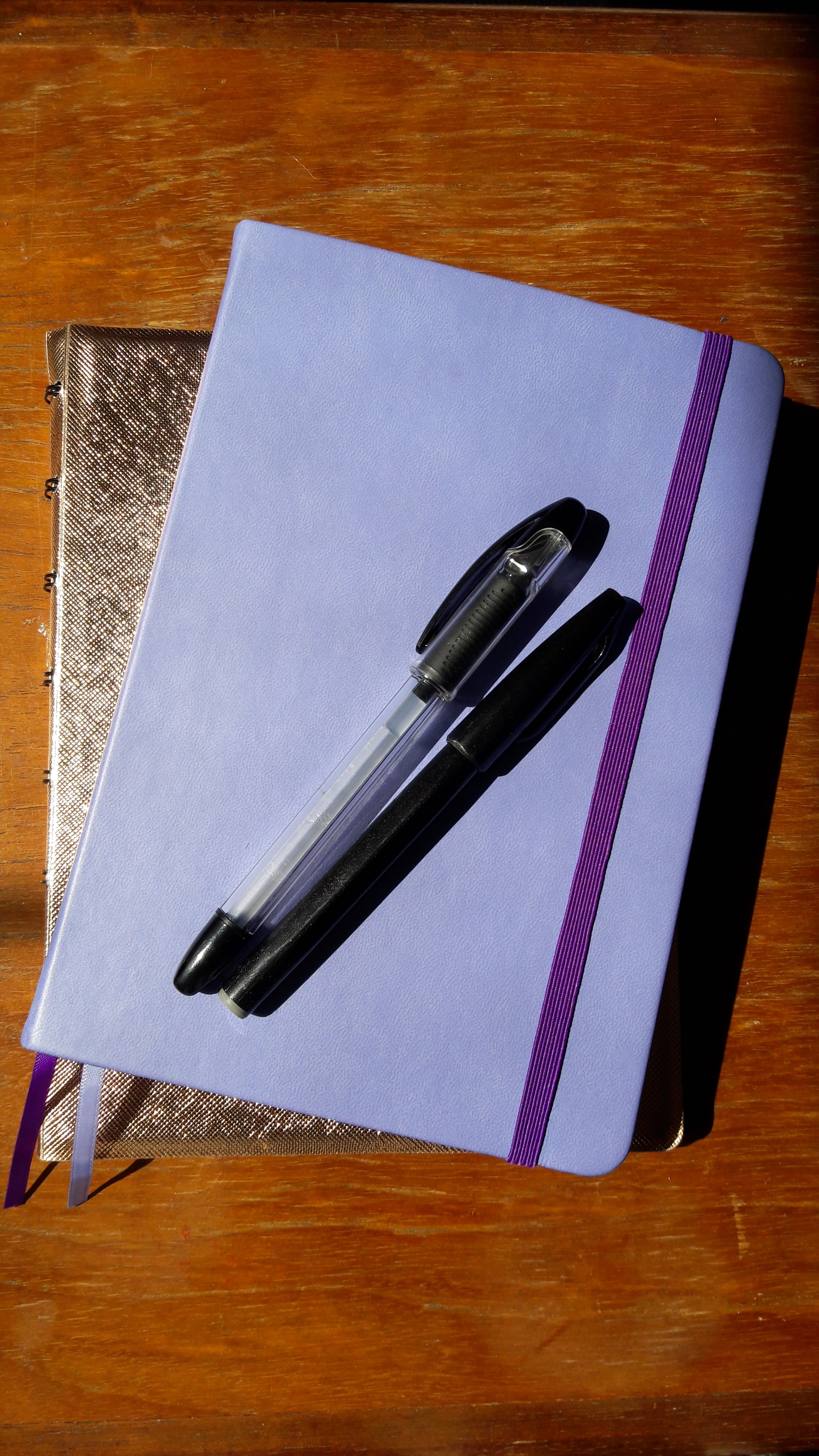 A picture of a pen on top of two stacked journals.