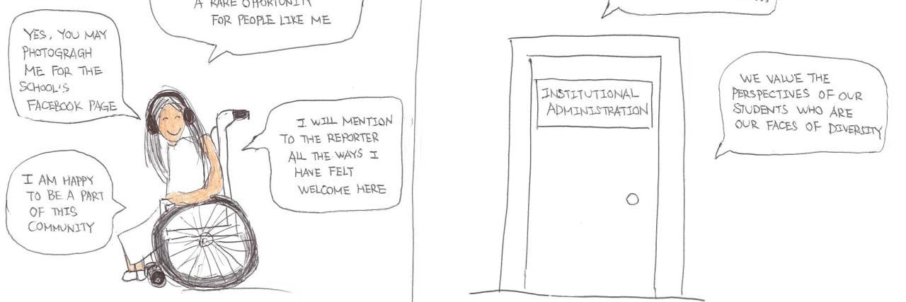 Cartoon Shows How Colleges Discriminate Against Disabled People cartoon showing university discrimination of a person with a disability in a wheelchair