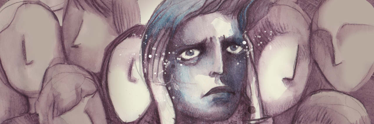 How Autism Complicates Anxiety Person having a panic attack amidst a faceless crowd. Artist: Elisabetta Stoinich