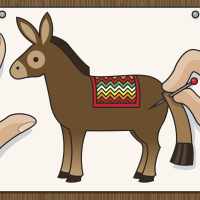A graphic showing a game of "Pin the Tail on the Donkey."