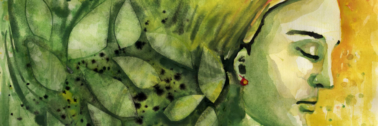 What to Do When You Struggle to Find Gratitude With Illness illustration of woman, with her hair turning into leaves