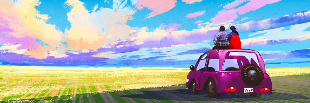 How To Help Someone Facing a Mental or Physical Illness young couple sitting on car in front of dramatic landscape,illustration painting