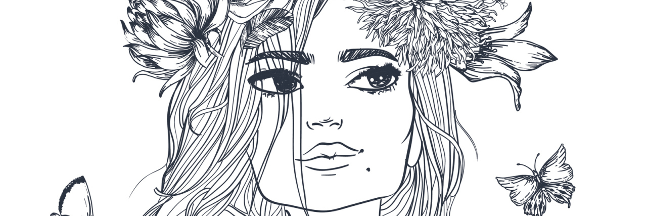 The Problem With Aiming for 'Perfect' When We Have Limited Mobility A sketch of a woman looking up, while wearing a flower crown and with butterflies flying around her.