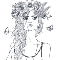 A sketch of a woman looking up, while wearing a flower crown and with butterflies flying around her.