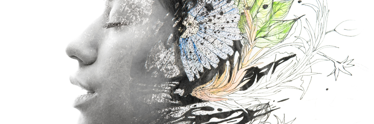 When Chronic Illness Makes You Unsure of Who You Are Paintography. Close up of an attractive peaceful model combined with hand drawn ink and watercolour paintings with floral motifs