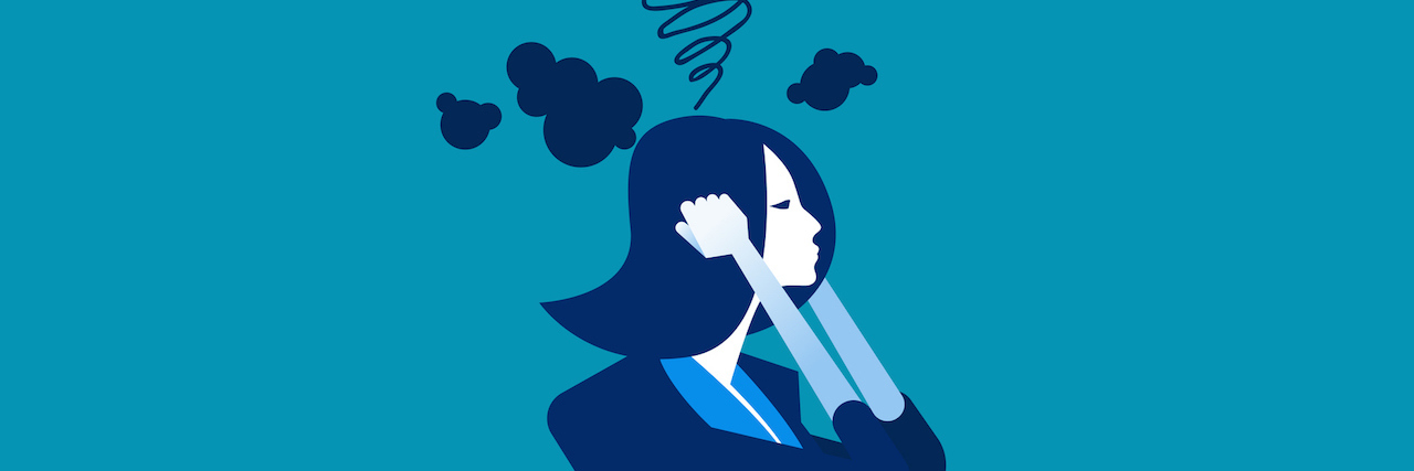 An illustration of a woman who has smoke above her head, she appears frustrated.