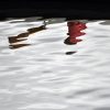 A blurred reflection of a man in a boat with a paddle.