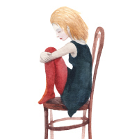 An illustration of a woman sitting on a chair, looking sad.