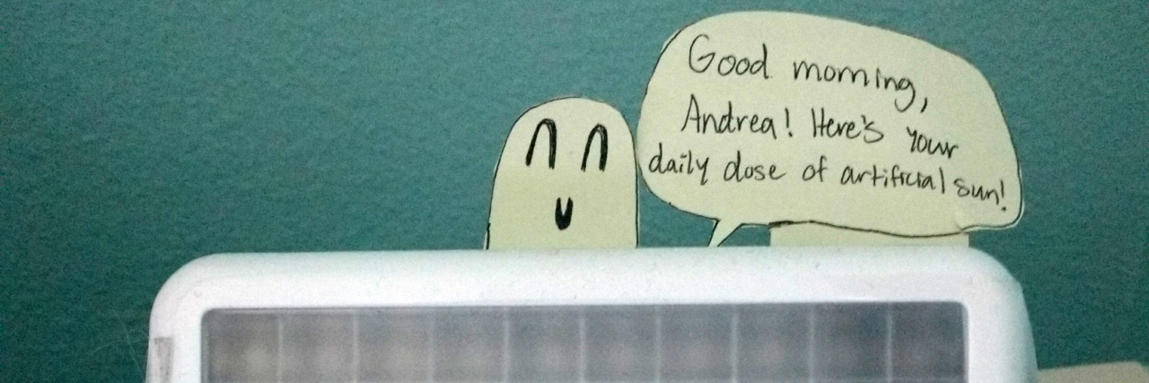 Ways I Make My Mental Illness More Bearable light box for seasonal affective disorder with face and speech bubble