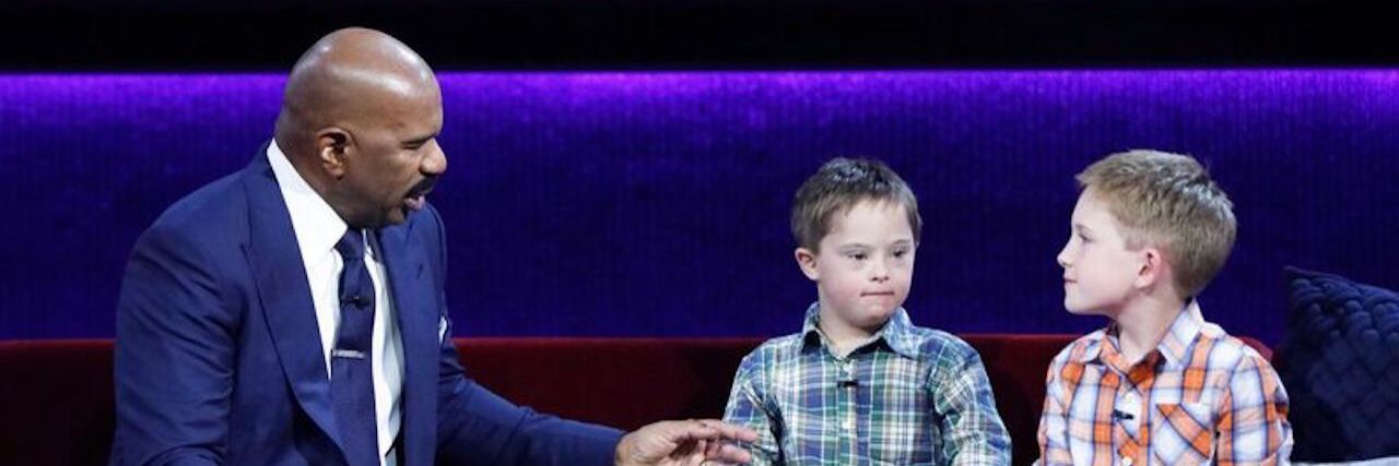 Turner, Who Has Down Syndrome, and Griffin Scott on 'Little Big Shots' Screen Shot from "Big Little Shots" clip featuring Steve Harvey, Griffin and Turner Scott