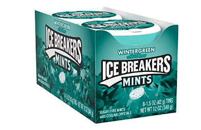 Box of eight containers of Ice Breakers Wintergreen mints.