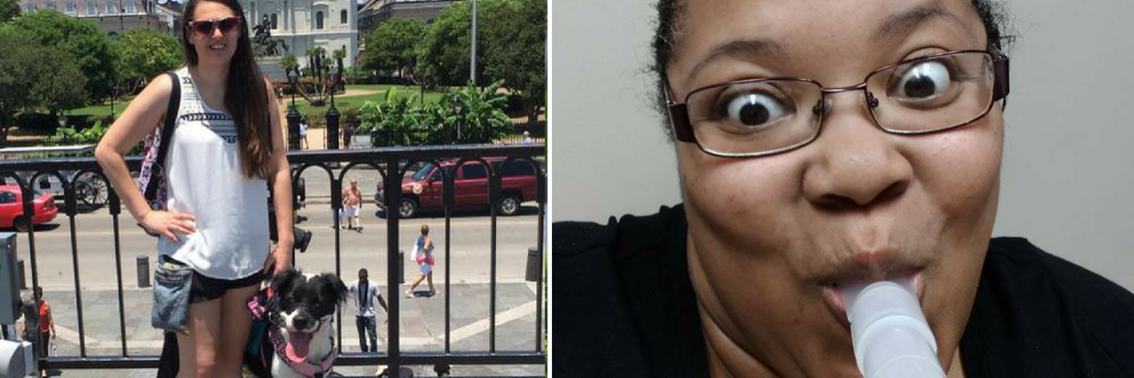 27 Photos That Show What It Looks Like to Be 'Functionally Ill' left photo: woman traveling with her service dog. right photo: woman making a silly face while receiving a breathing treatment