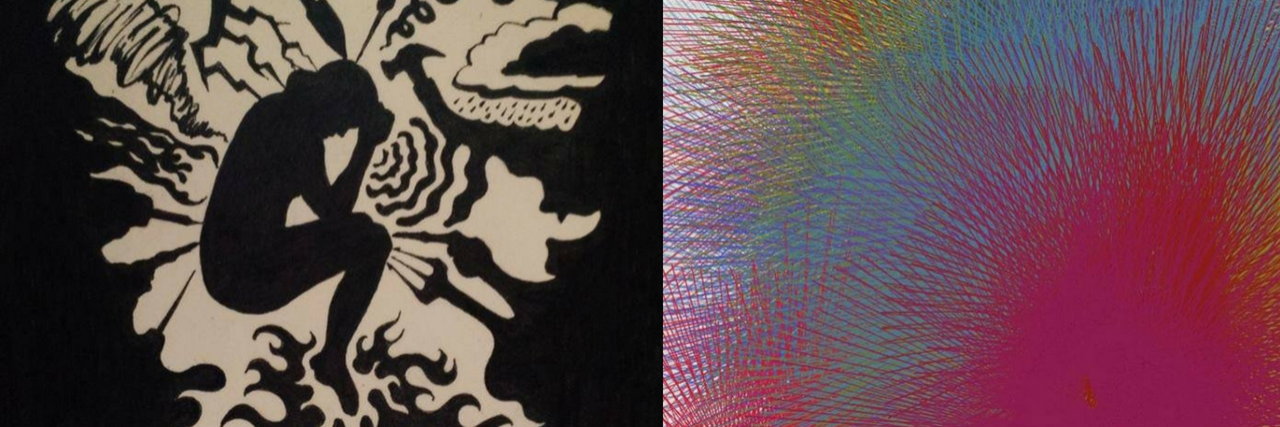 Drawings That Show What Fibromyalgia Pain Feels Like left: drawing of woman curled up and surrounded by different types of pain, and right: blotches of color, mostly pink and blue