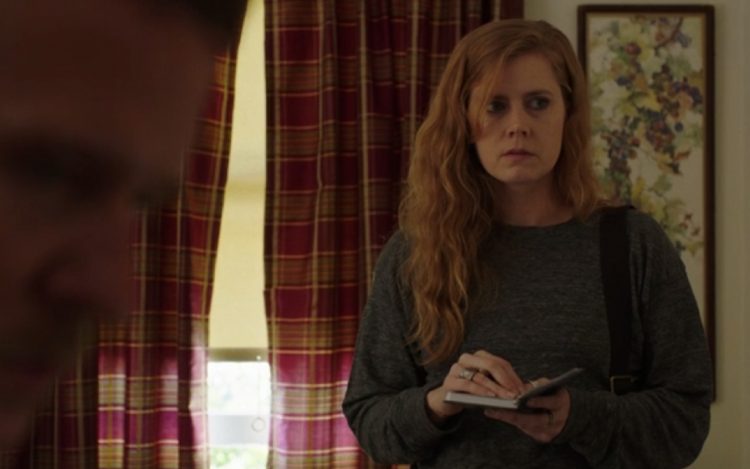 Amy Adams in Sharp Objects. Her character takes notes in a note pad standing in front of the window