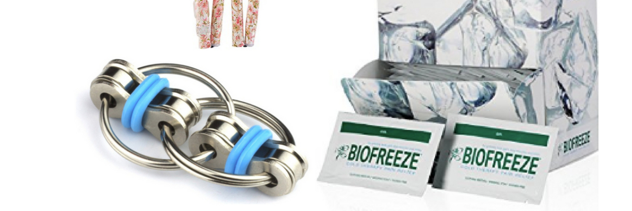 foldable cane, fidget toy and biofreeze packets