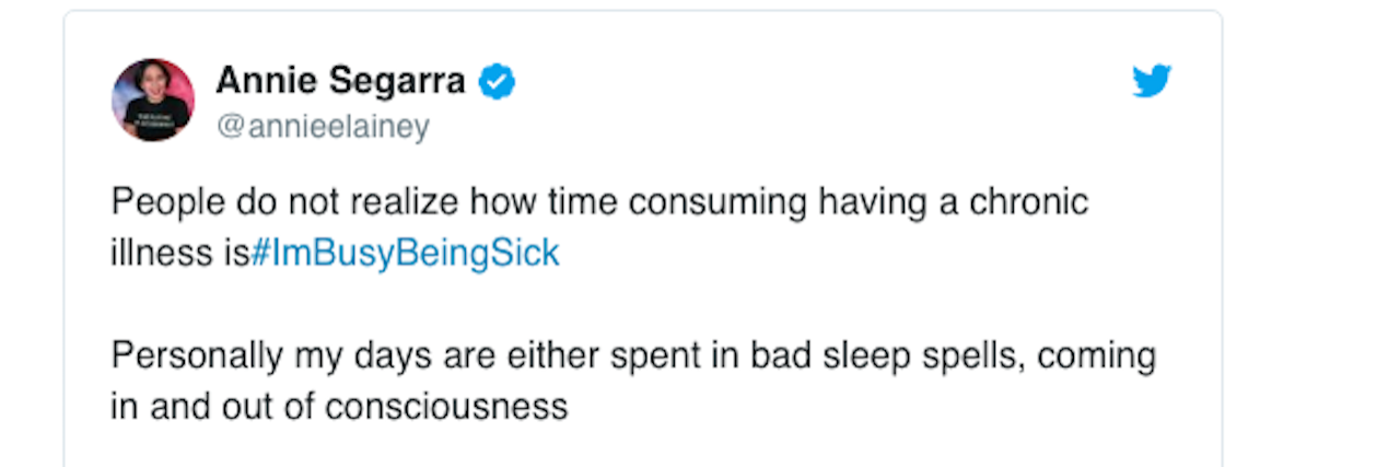 annie segarra's tweet about busy being sick