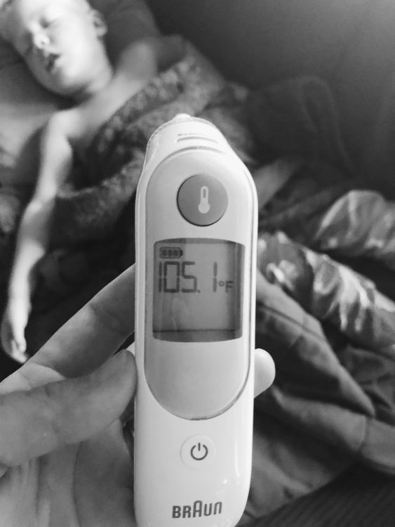 a thermometer reading "105.1"