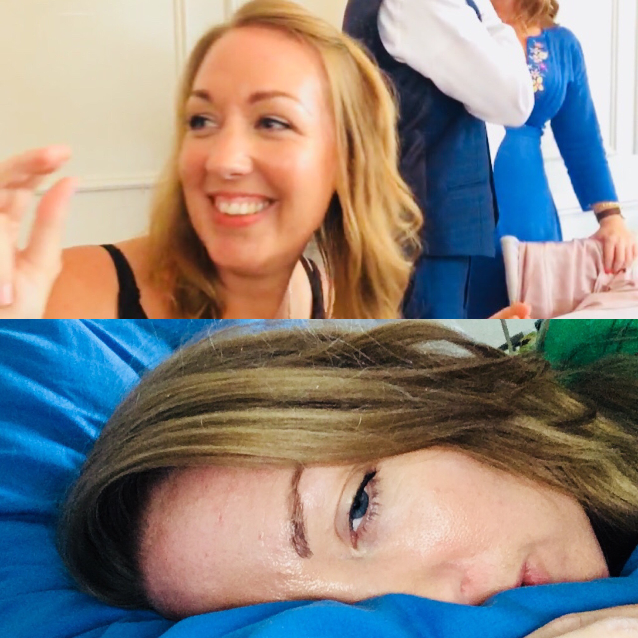 A collage of two images, one a photo of the writer at the wedding. The other of her exhausted in bed.